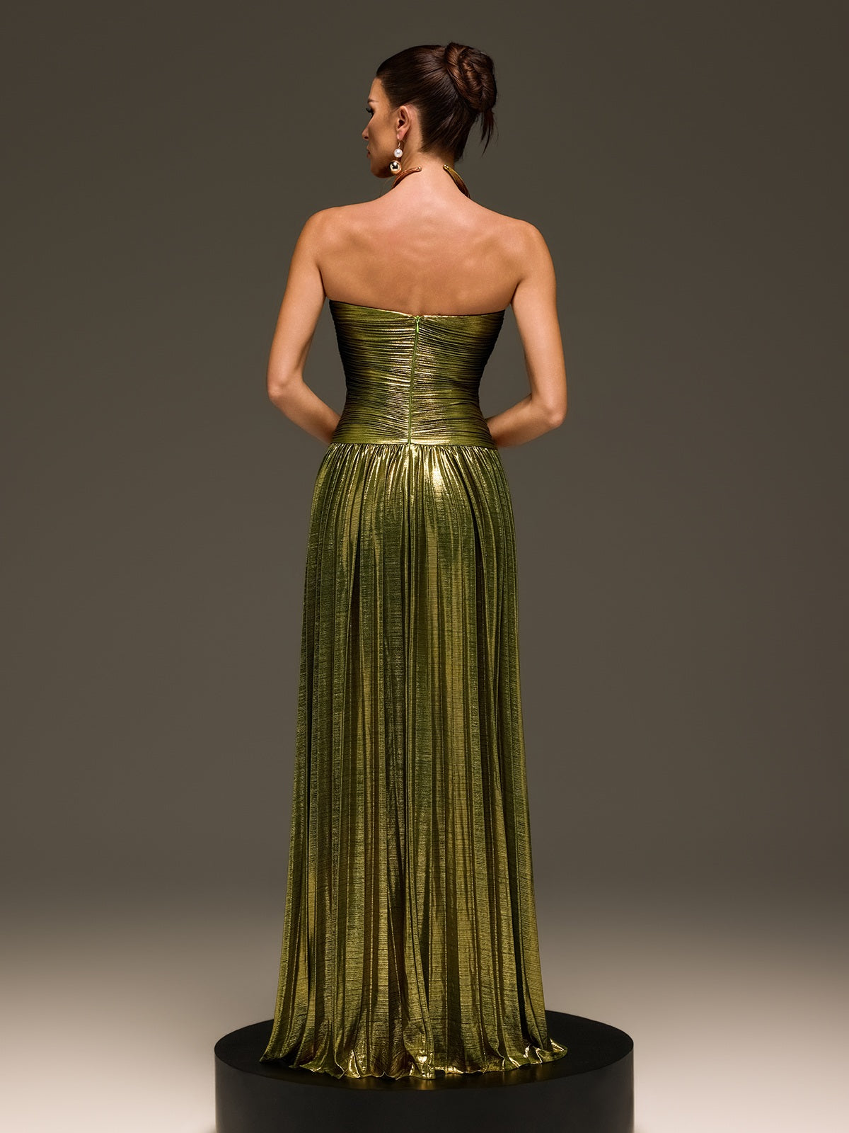 Laxory Strapless Pleated Metallic Maxi Dress In Gold