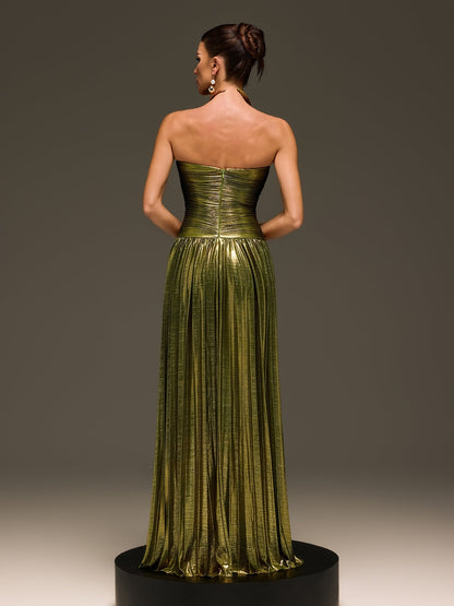 Laxory Strapless Pleated Metallic Maxi Dress In Gold