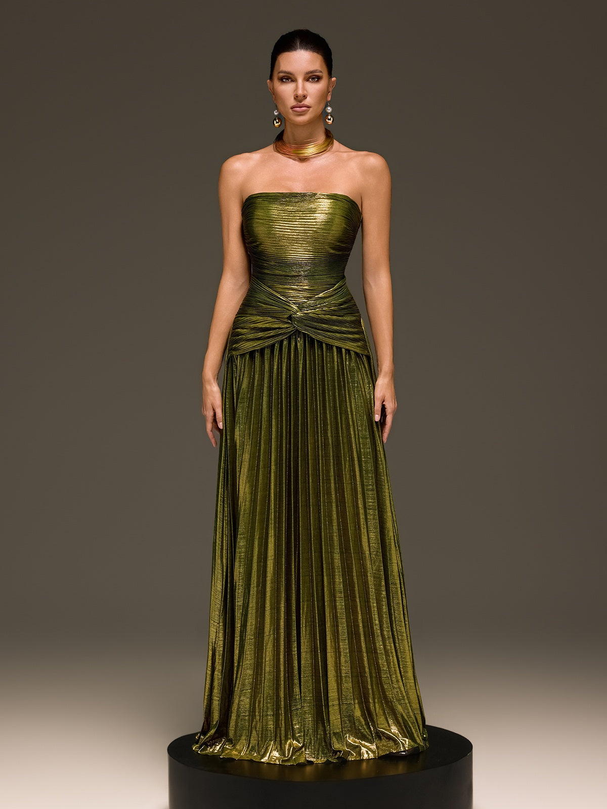 Laxory Strapless Pleated Metallic Maxi Dress In Gold