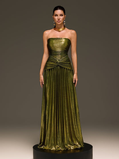 Laxory Strapless Pleated Metallic Maxi Dress In Gold