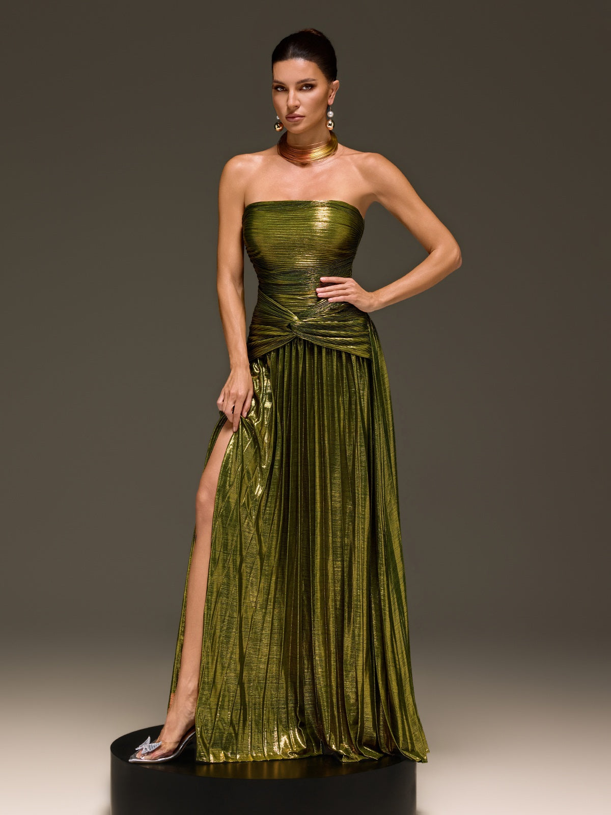 Laxory Strapless Pleated Metallic Maxi Dress In Gold