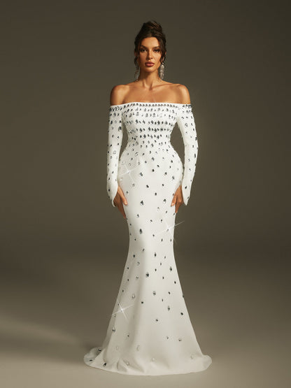 Leehi Off Shoulder Crystal Maxi Dress