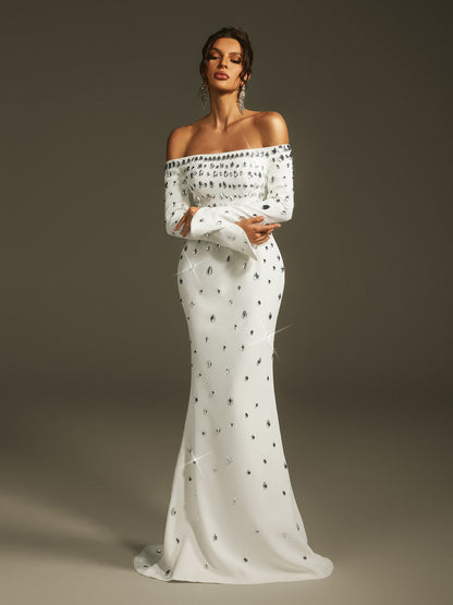 Leehi Off Shoulder Crystal Maxi Dress