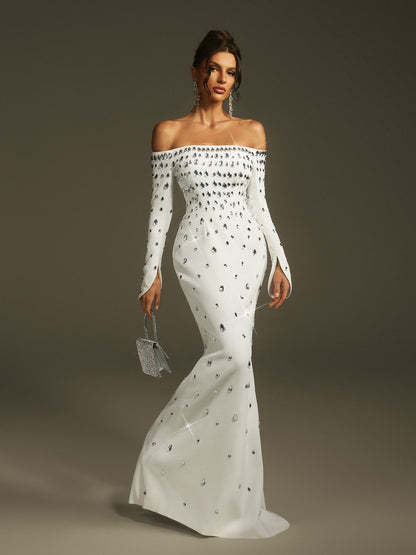 Leehi Off Shoulder Crystal Maxi Dress