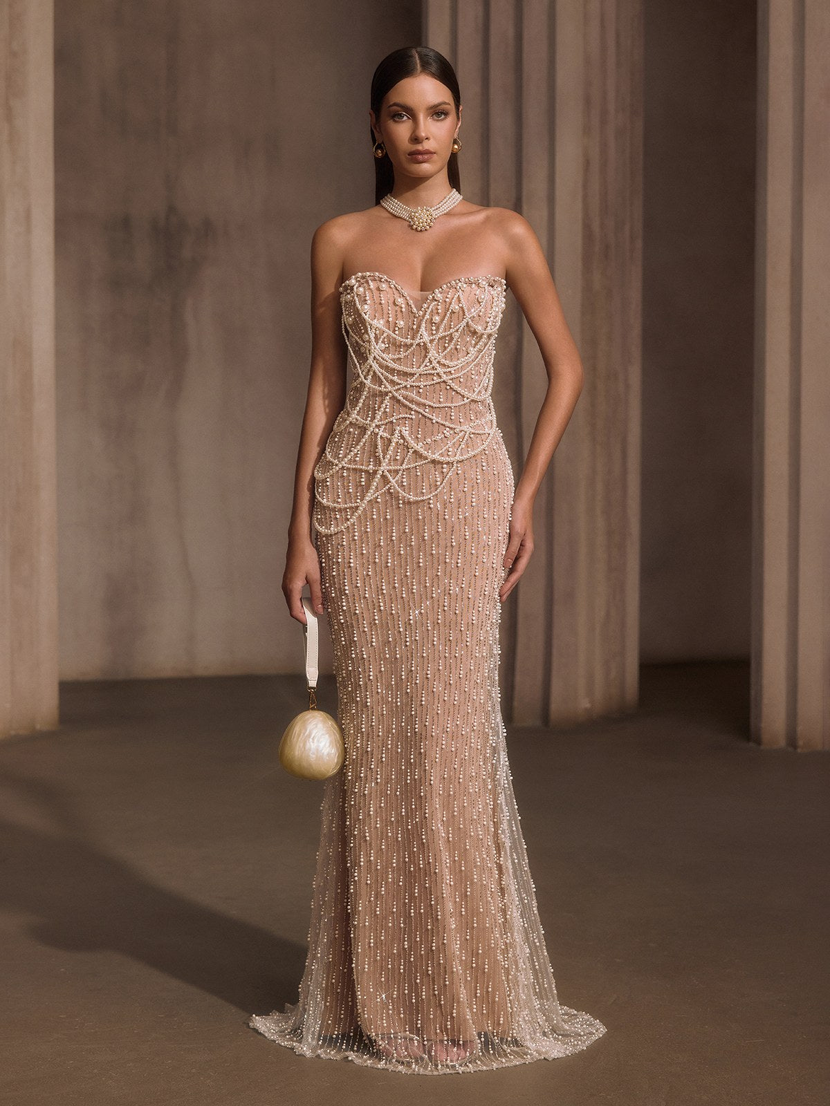 Lelyxyn Strapless Pearl Fringe Chain Maxi Dress