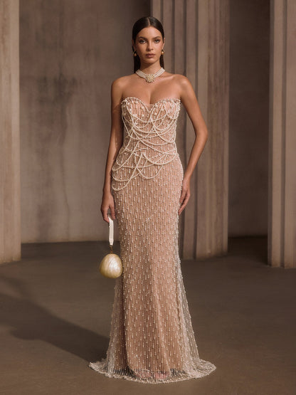 Lelyxyn Strapless Pearl Fringe Chain Maxi Dress
