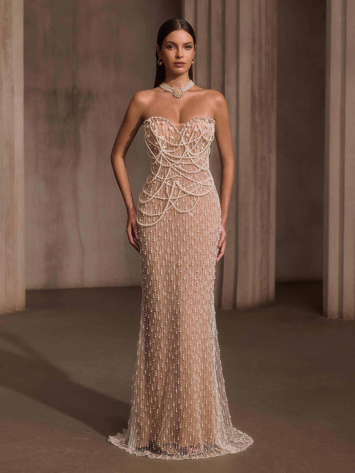 Lelyxyn Strapless Pearl Fringe Chain Maxi Dress