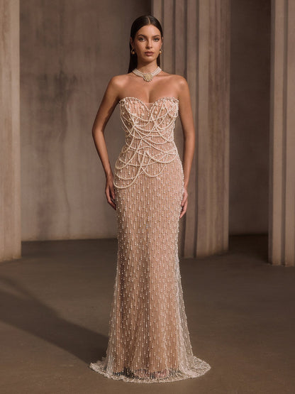Lelyxyn Strapless Pearl Fringe Chain Maxi Dress