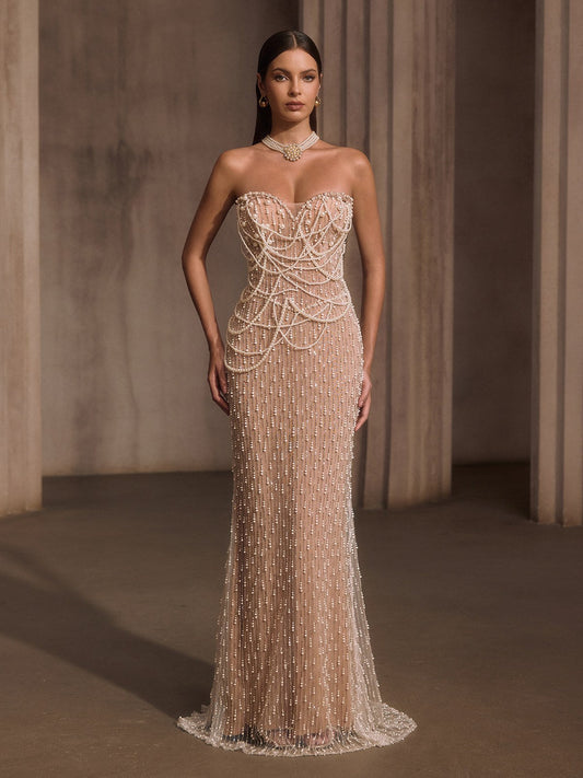 Rosstef Pearl Fringe Chain Maxi Gown