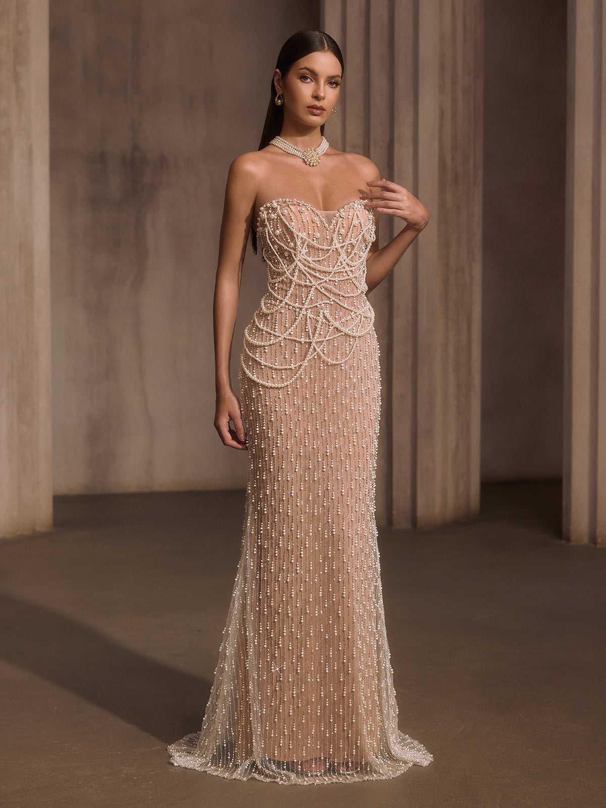 Lelyxyn Strapless Pearl Fringe Chain Maxi Dress
