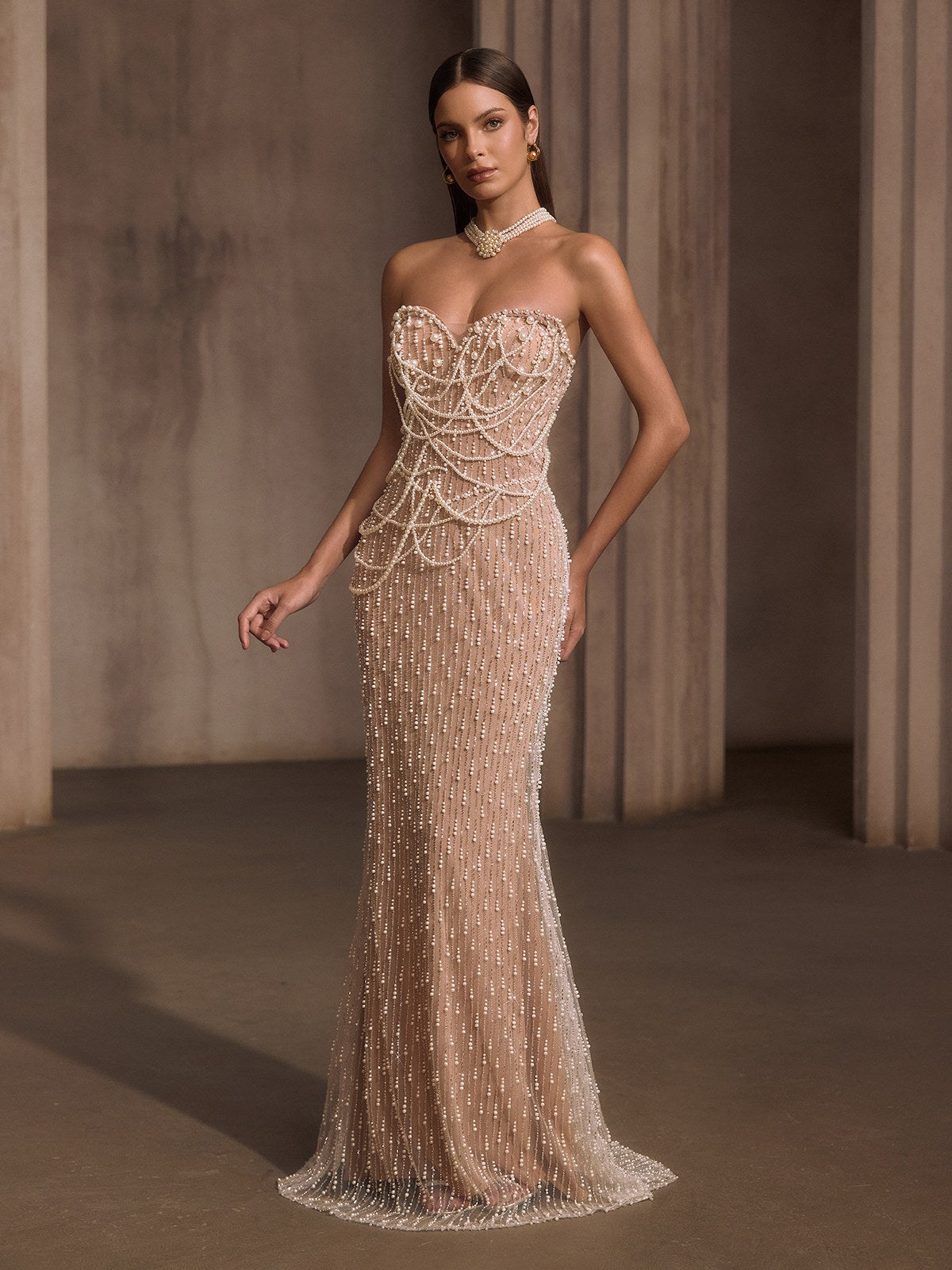 Lelyxyn Strapless Pearl Fringe Chain Maxi Dress