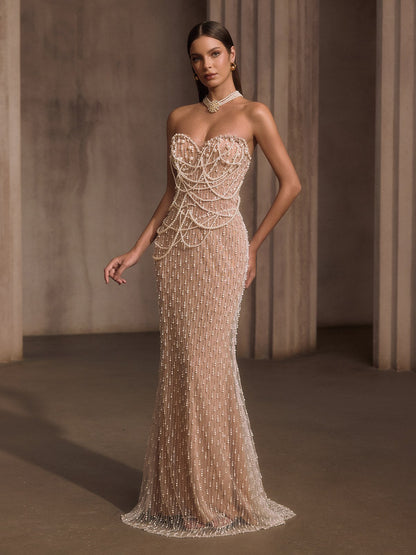 Lelyxyn Strapless Pearl Fringe Chain Maxi Dress