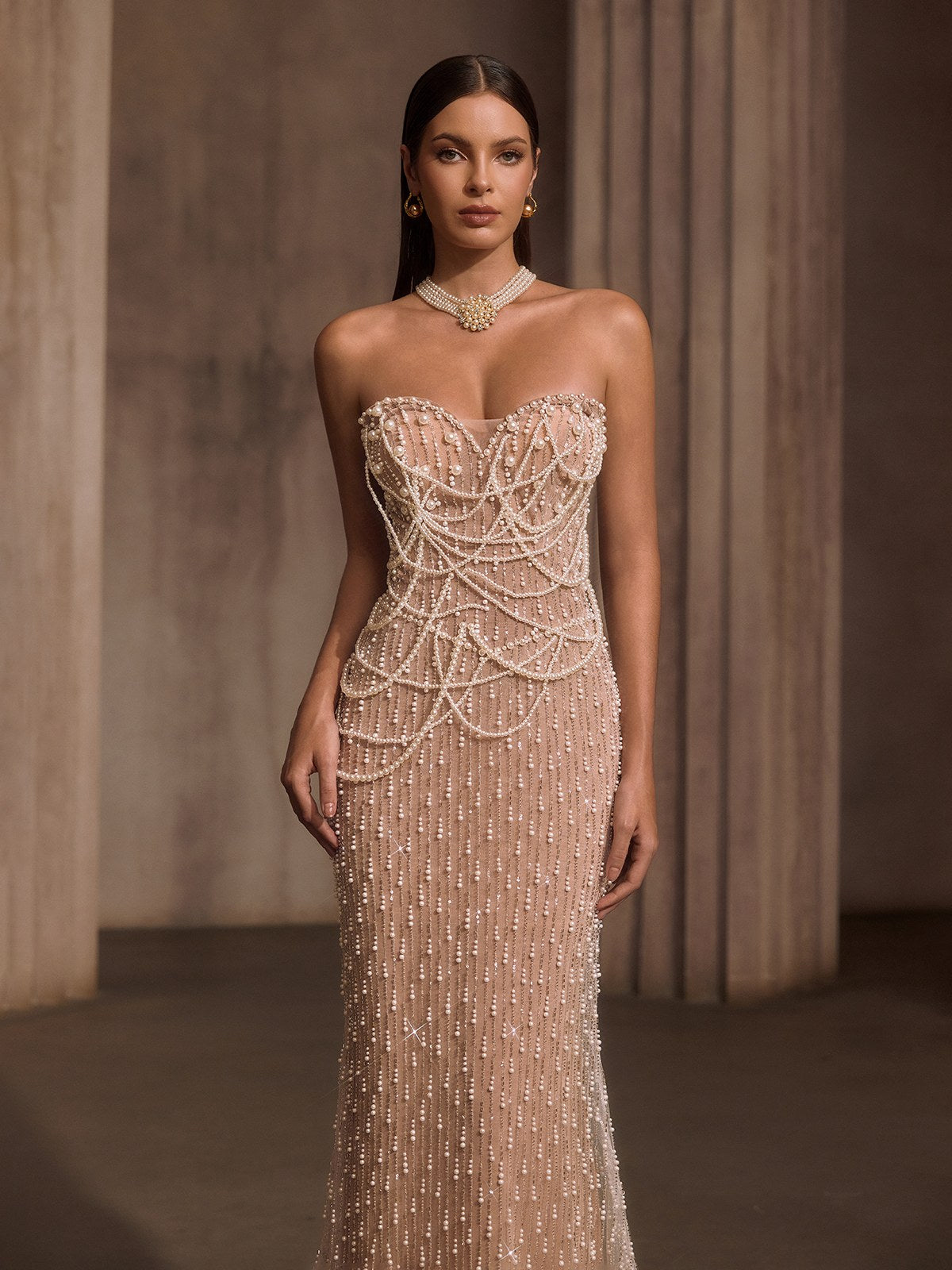 Lelyxyn Strapless Pearl Fringe Chain Maxi Dress