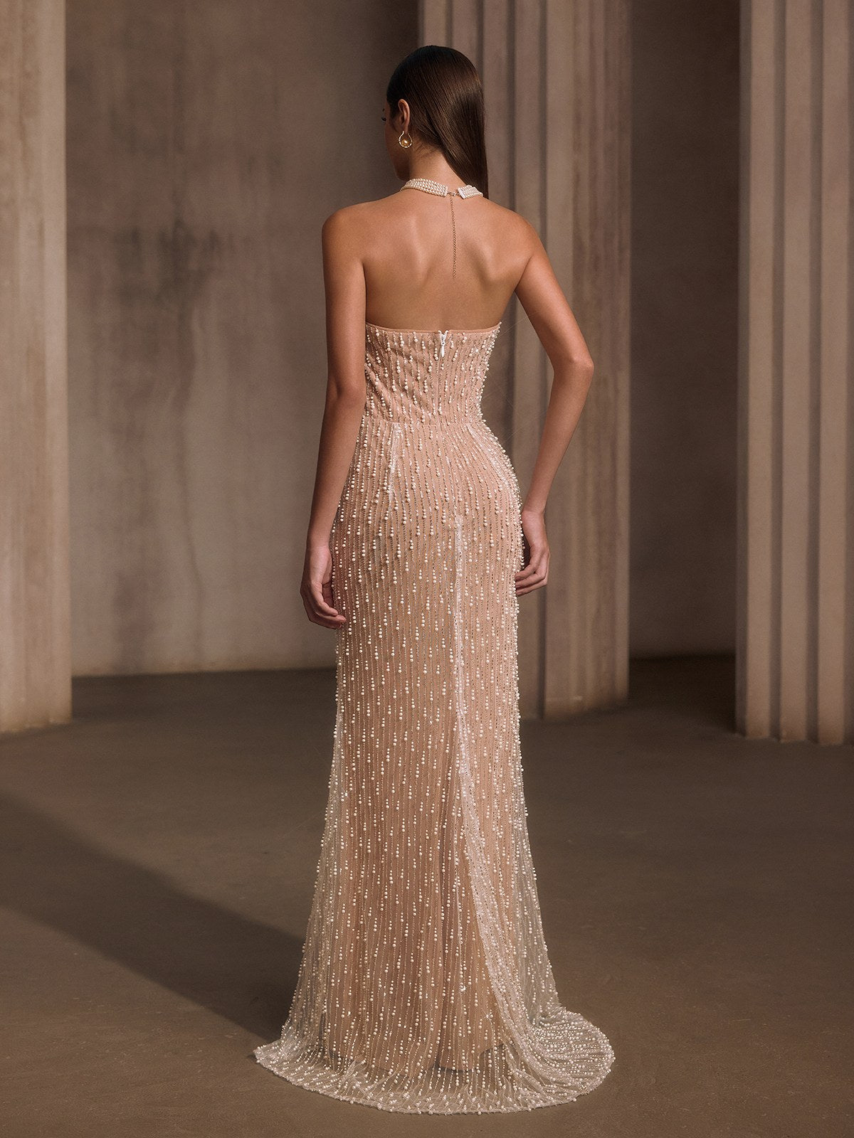 Lelyxyn Strapless Pearl Fringe Chain Maxi Dress