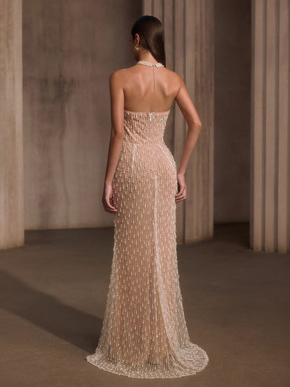 Lelyxyn Strapless Pearl Fringe Chain Maxi Dress