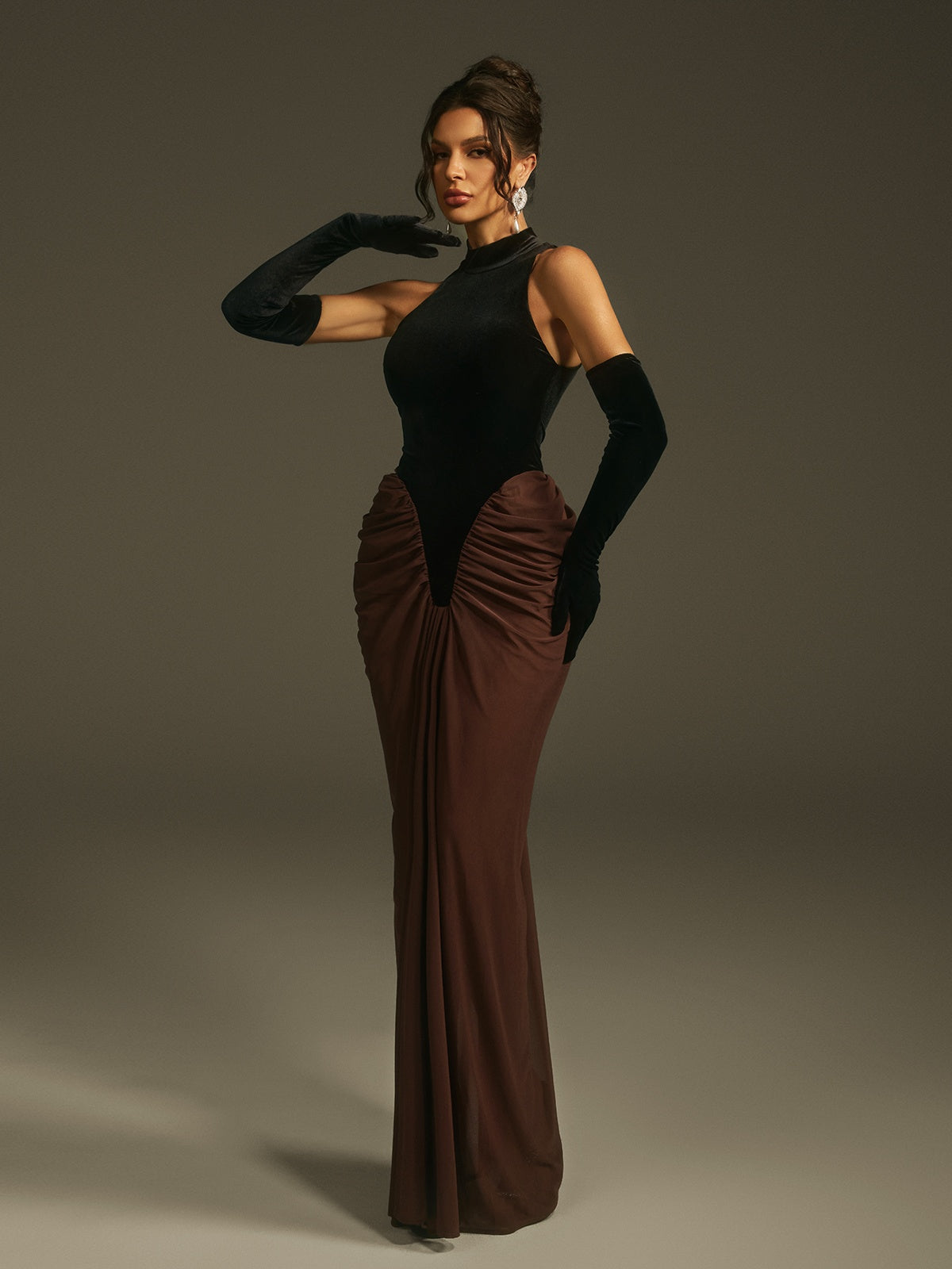 Lenore Halterneck Velvet Maxi Dress With Gloves