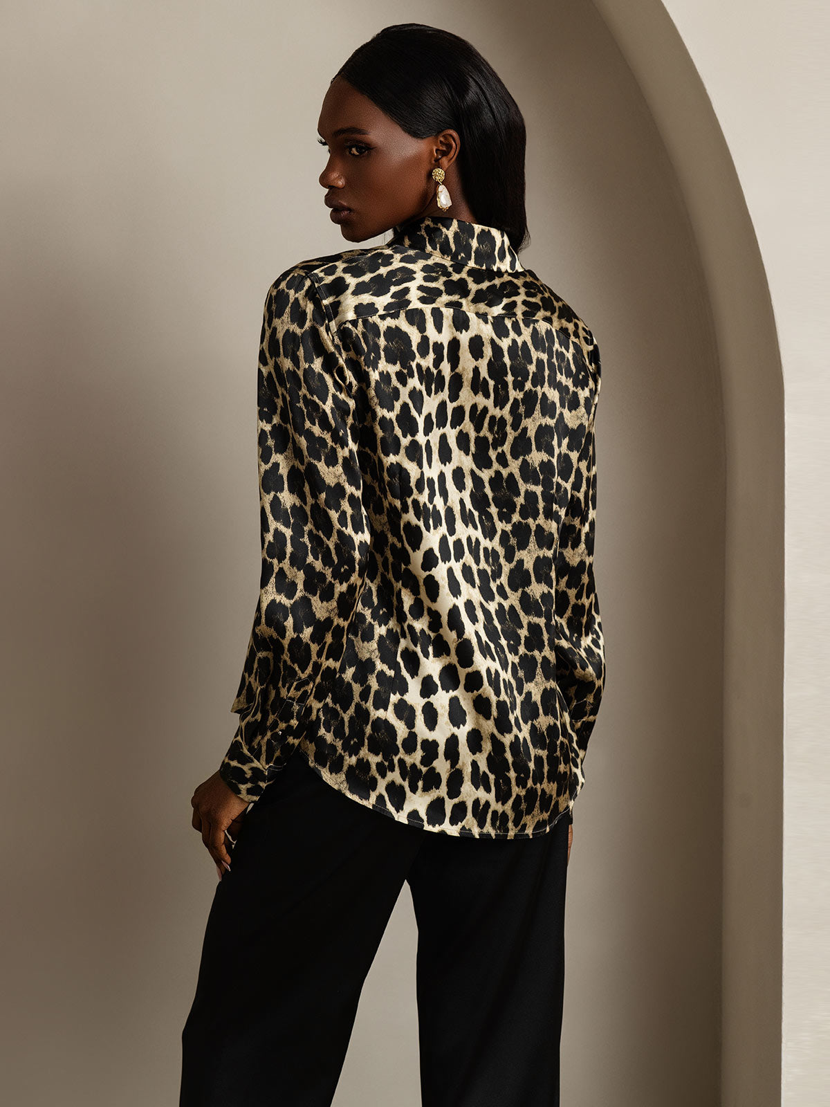 Rosstef 19Momme Silk Leopard Print Long Sleeve Bluz