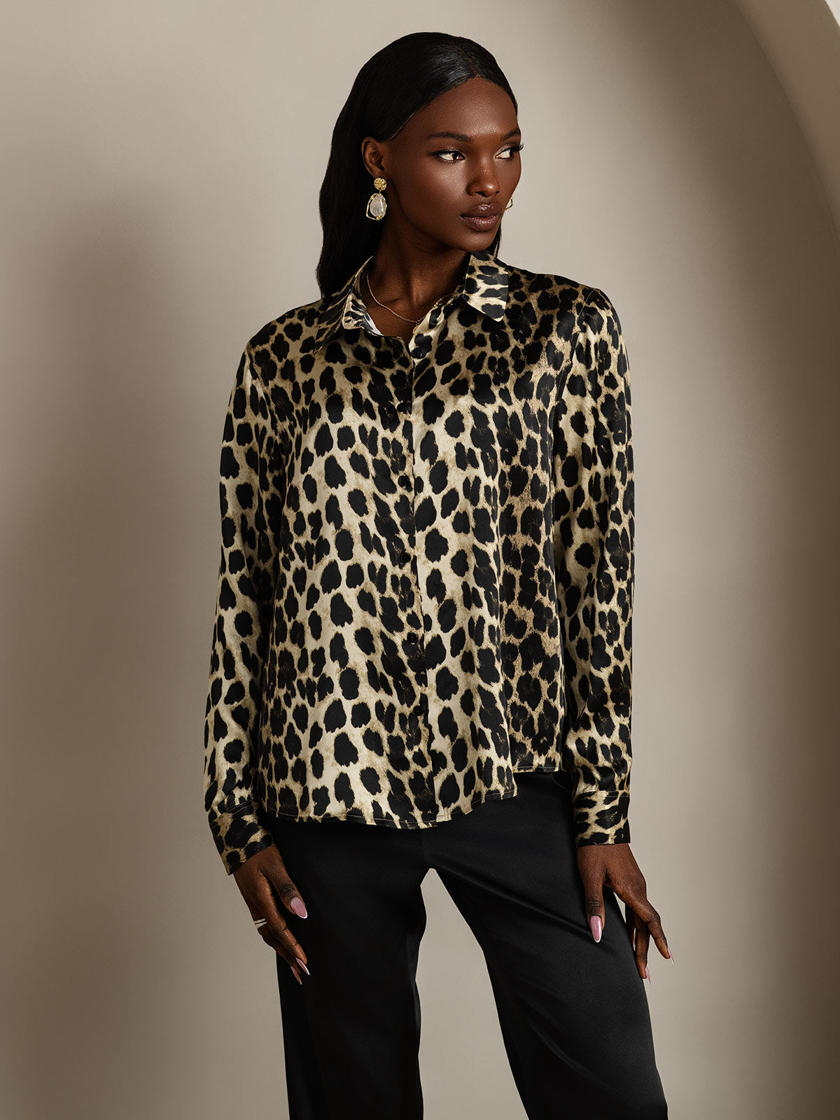 Rosstef 19Momme Silk Leopard Print Long Sleeve Bluz