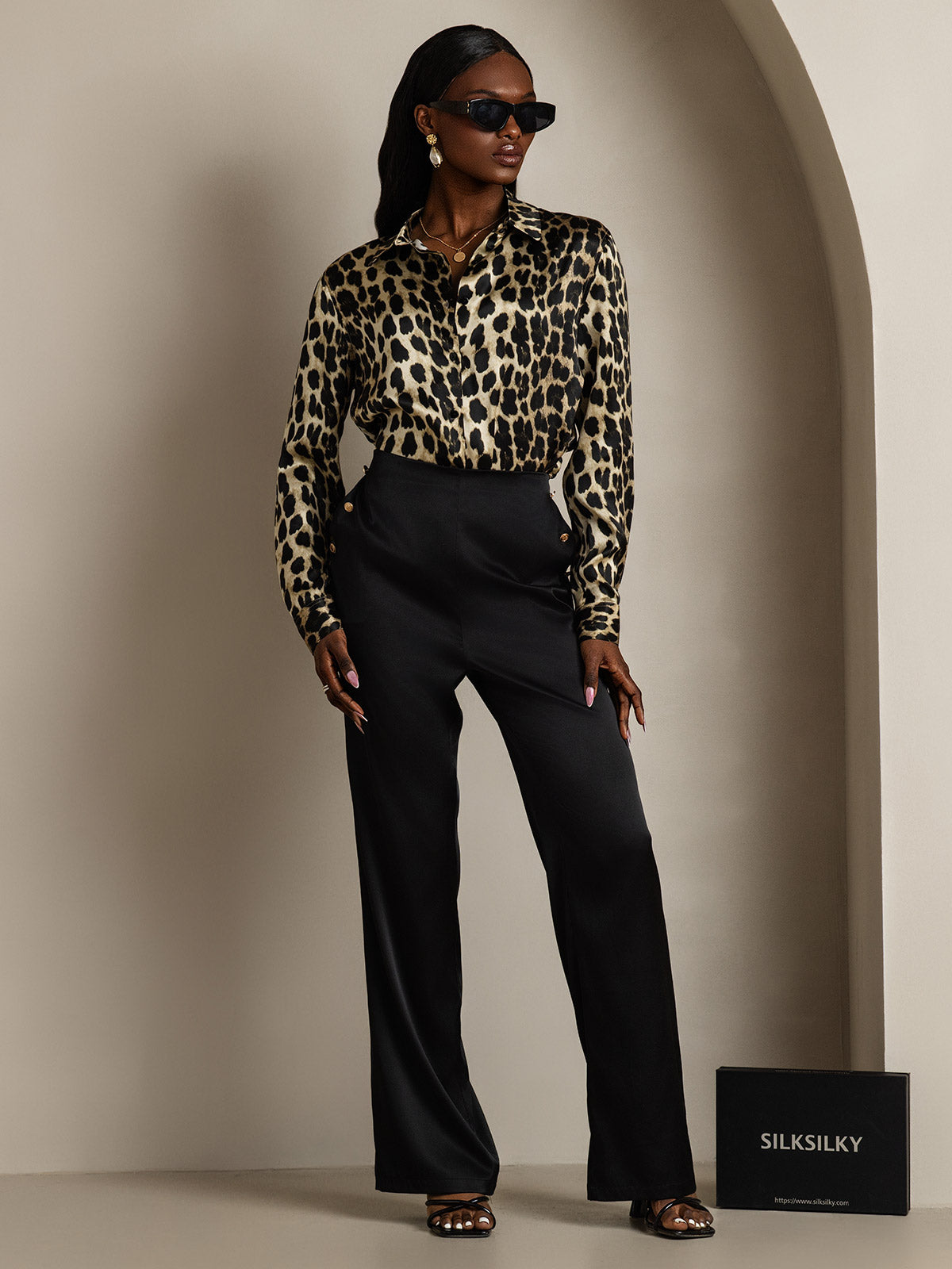 Rosstef 19Momme Silk Leopard Print Long Sleeve Bluz