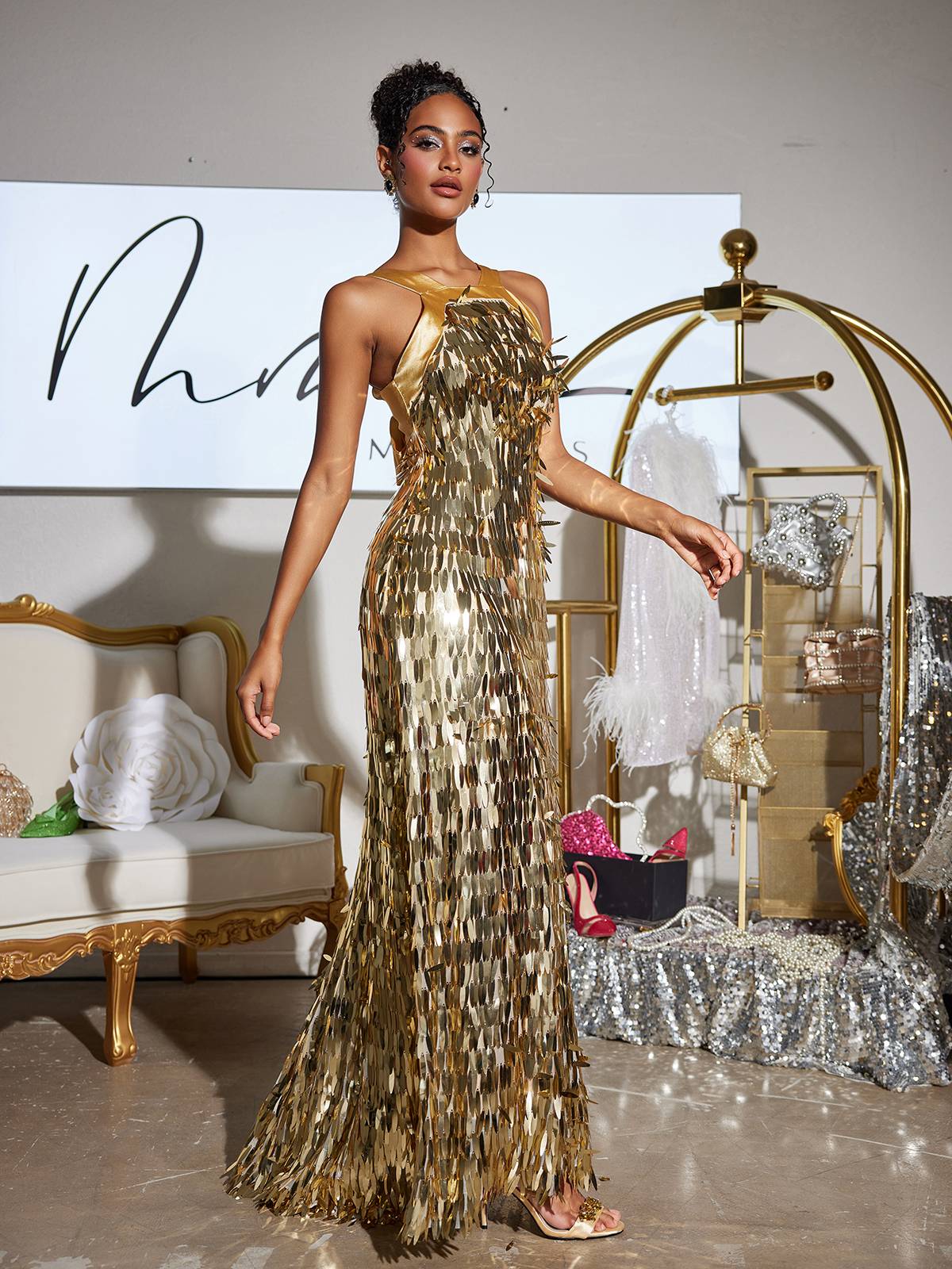 Leosan Bow Sequin Maxi Dress