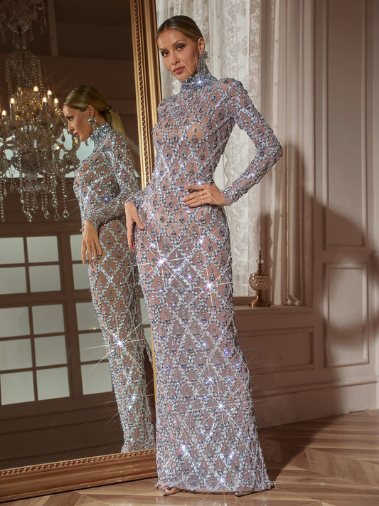 Rosstef Silver Sequin Crystal Maxi Elbise