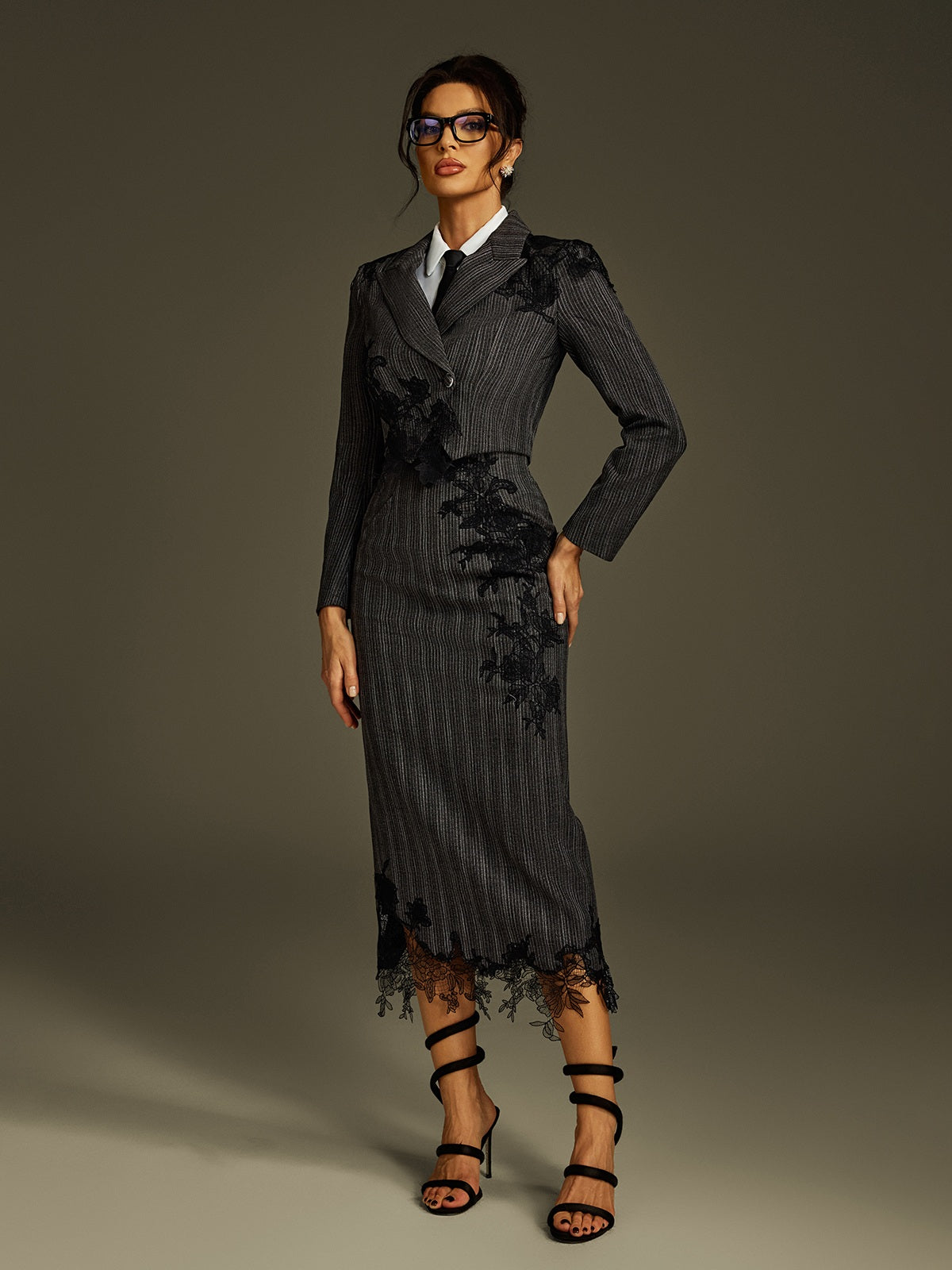 Liselle Lace Stripe Blazer Skirt Set