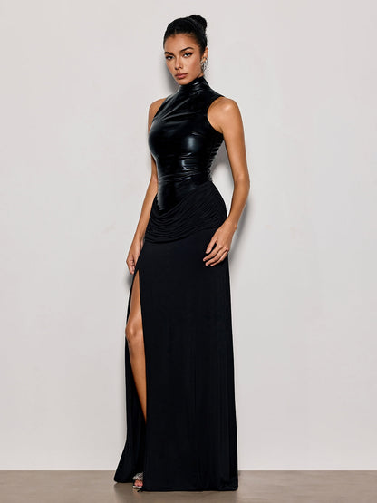 Lixora High Neck Split Leather Maxi Dress