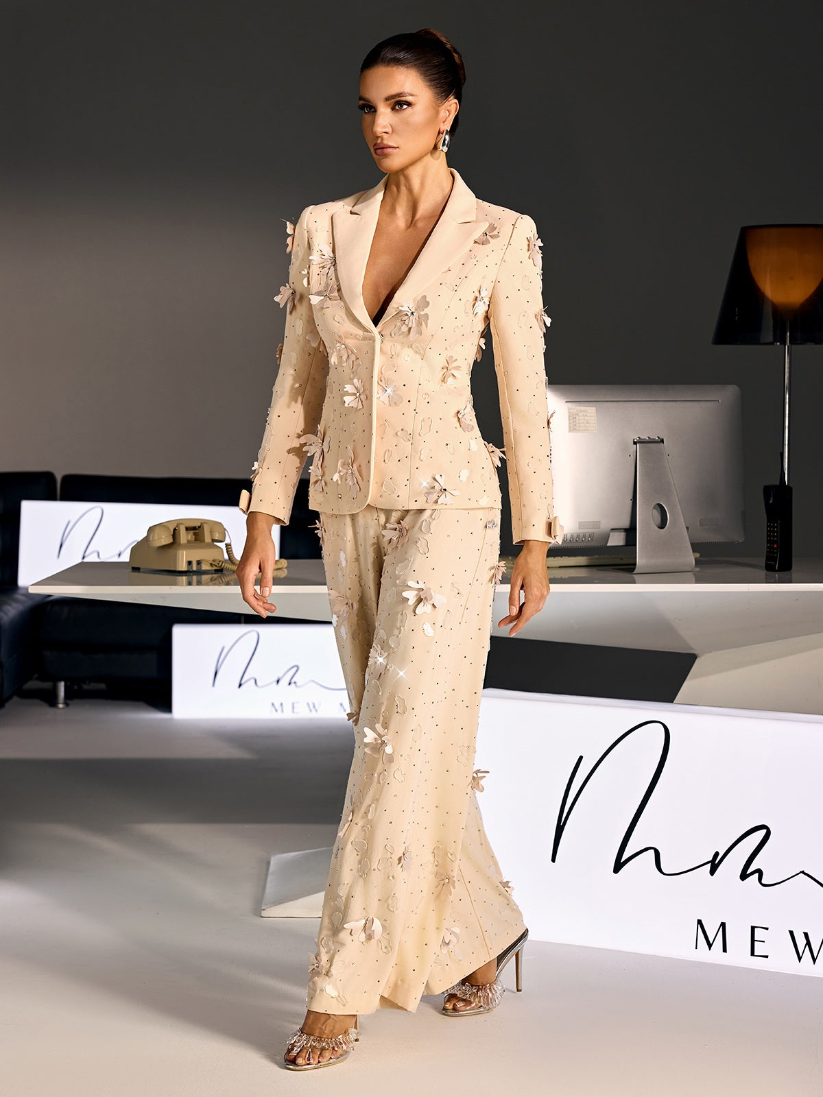 Loryndal Rhinestone Flower Blazer Pants Set