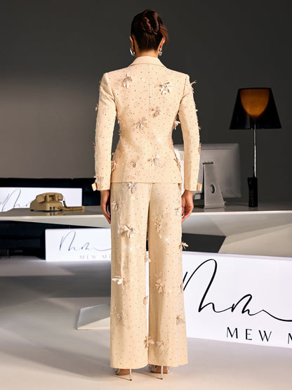 Loryndal Rhinestone Flower Blazer Pants Set