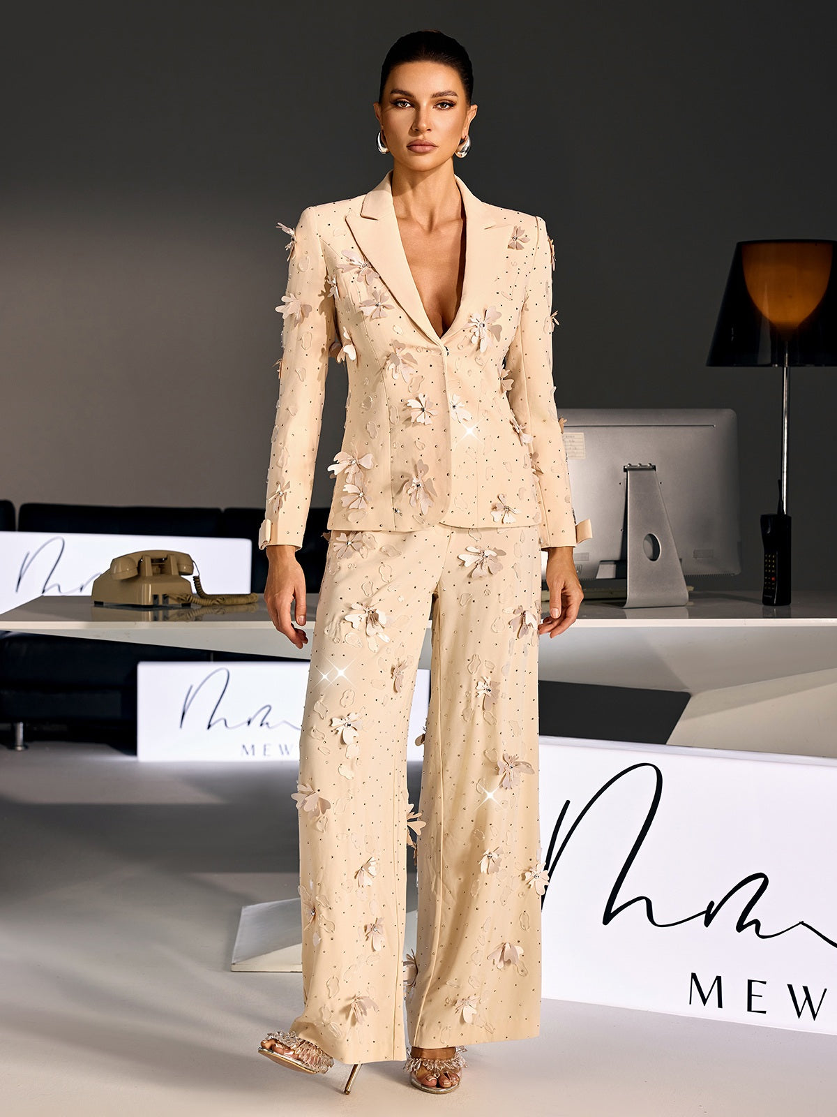 Loryndal Rhinestone Flower Blazer Pants Set