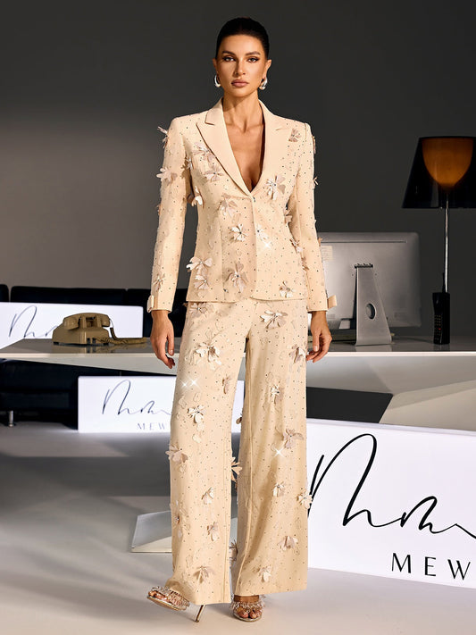 Loryndal Rhinestone Flower Blazer Pants Set