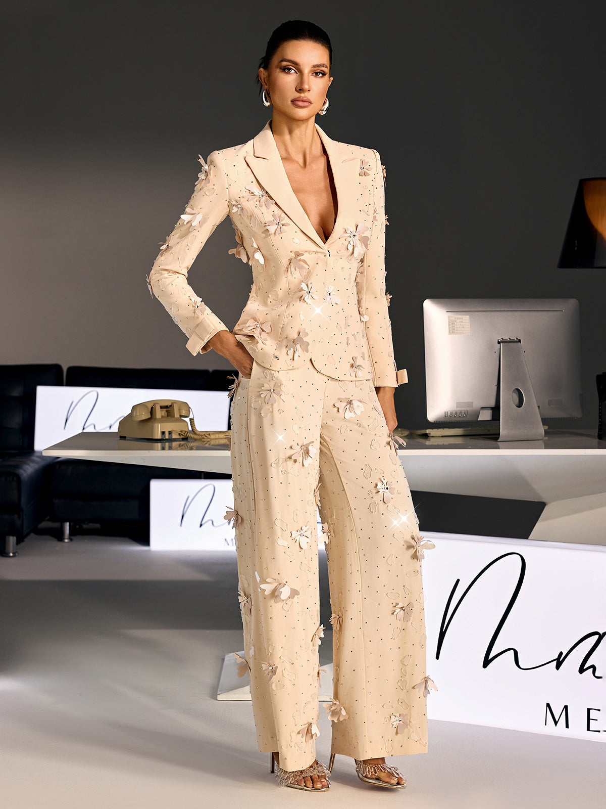 Loryndal Rhinestone Flower Blazer Pants Set