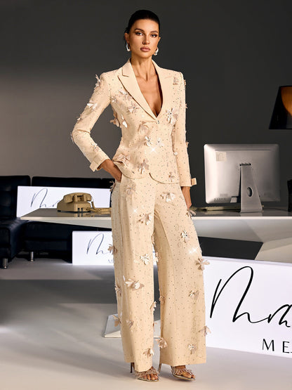 Loryndal Rhinestone Flower Blazer Pants Set