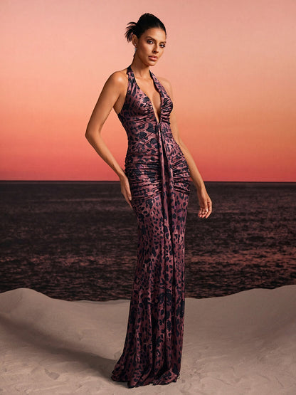 Lothen Halterneck Leopard Ruched Maxi Dress