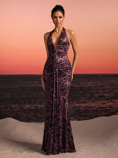 Lothen Halterneck Leopard Ruched Maxi Dress