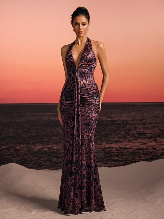 Rosstef Leopard Ruched Maxi Dress