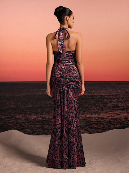 Lothen Halterneck Leopard Ruched Maxi Dress