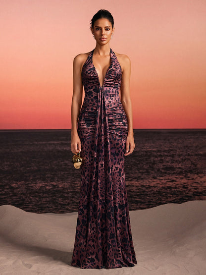 Lothen Halterneck Leopard Ruched Maxi Dress