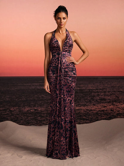 Lothen Halterneck Leopard Ruched Maxi Dress