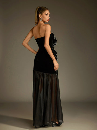 Luffy Strapless Flower Mesh Maxi Dress