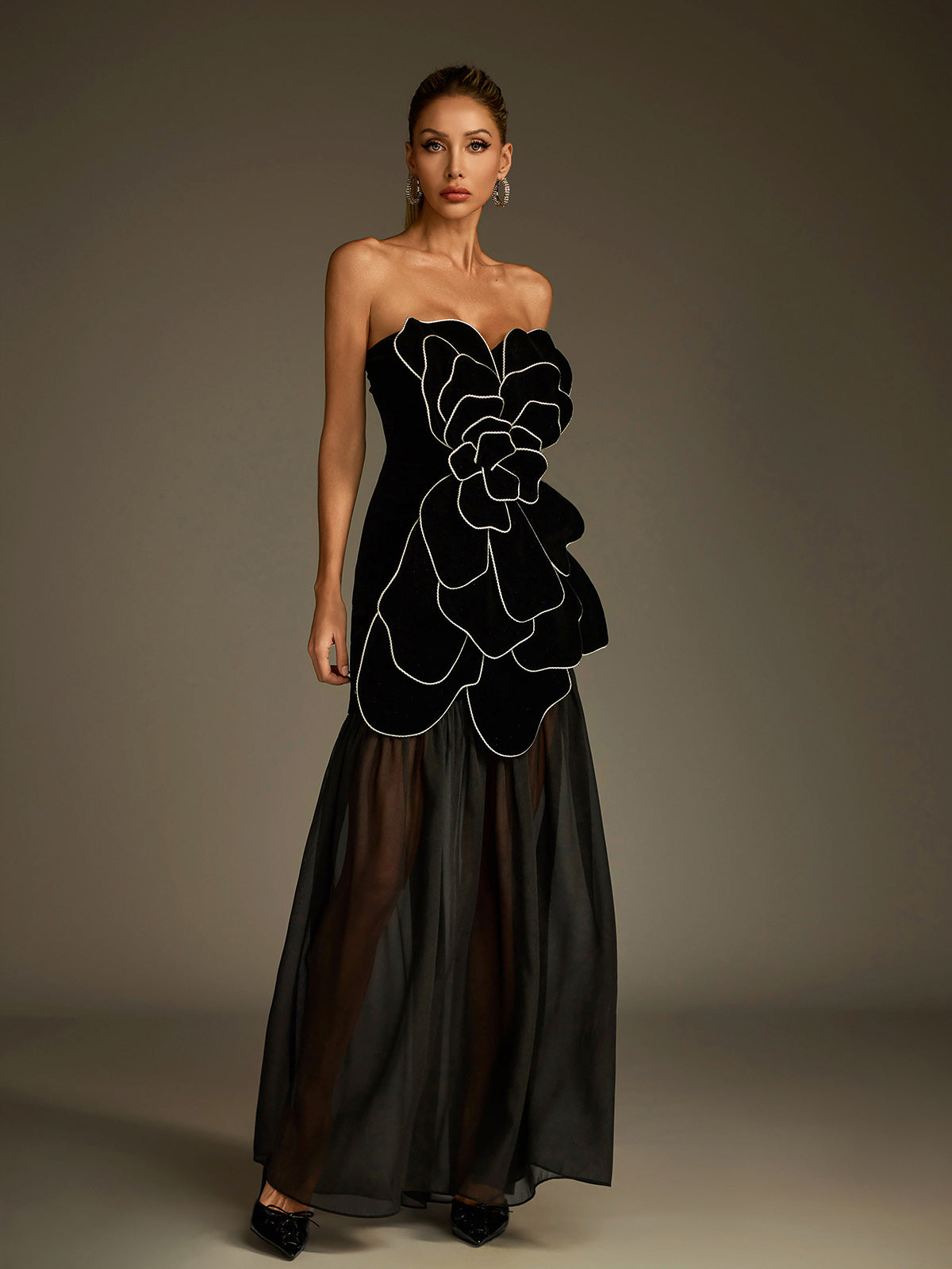 Luffy Strapless Flower Mesh Maxi Dress