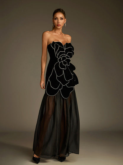 Luffy Strapless Flower Mesh Maxi Dress