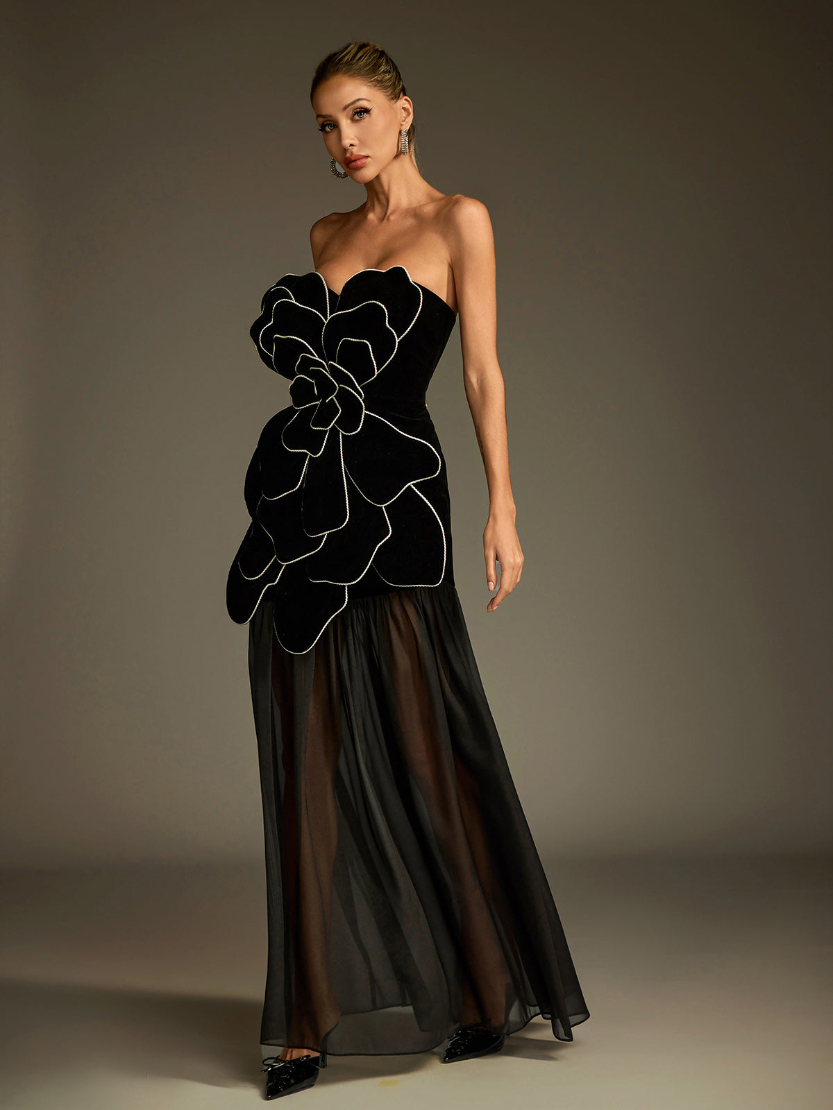 Luffy Strapless Flower Mesh Maxi Dress