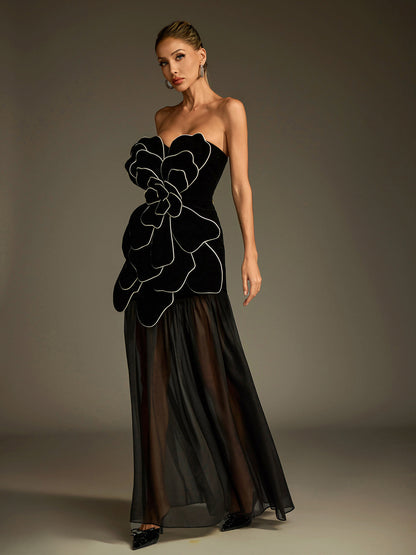 Luffy Strapless Flower Mesh Maxi Dress