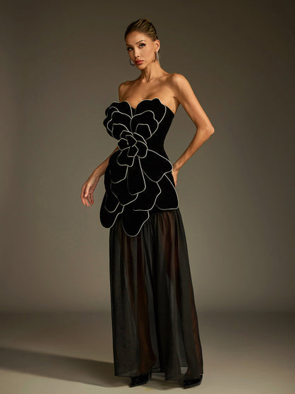 Luffy Strapless Flower Mesh Maxi Dress