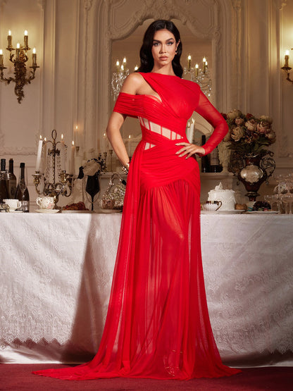 Malati Corset Cutout Mesh Maxi Dress In Red