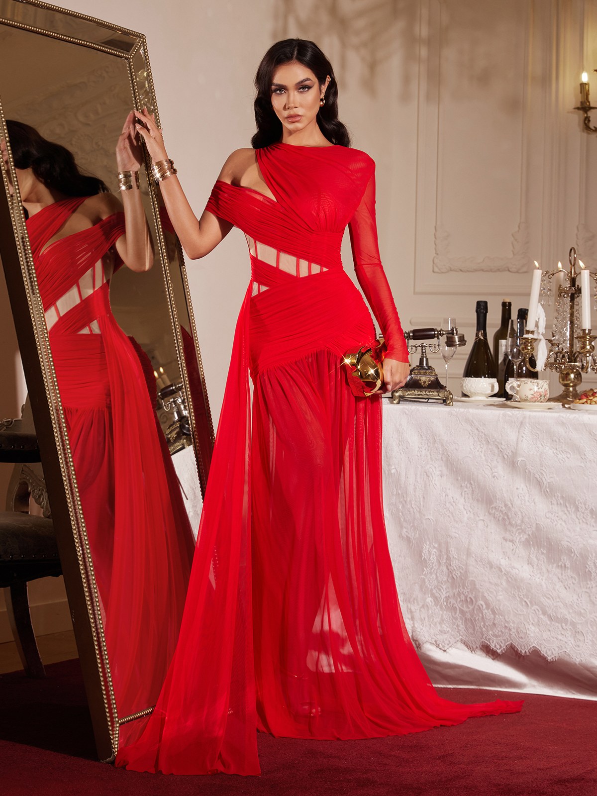 Malati Corset Cutout Mesh Maxi Dress In Red