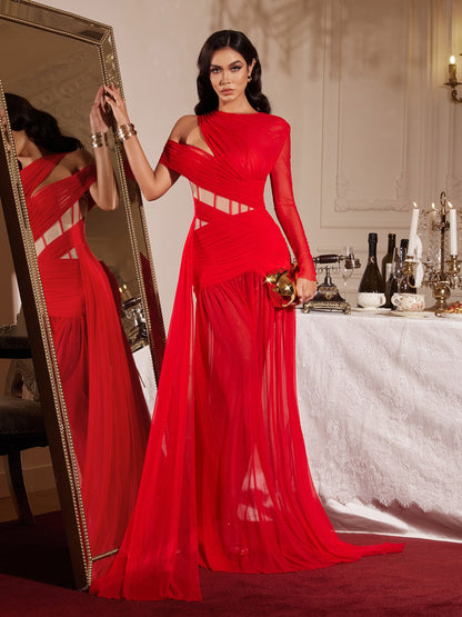 Malati Corset Cutout Mesh Maxi Dress In Red