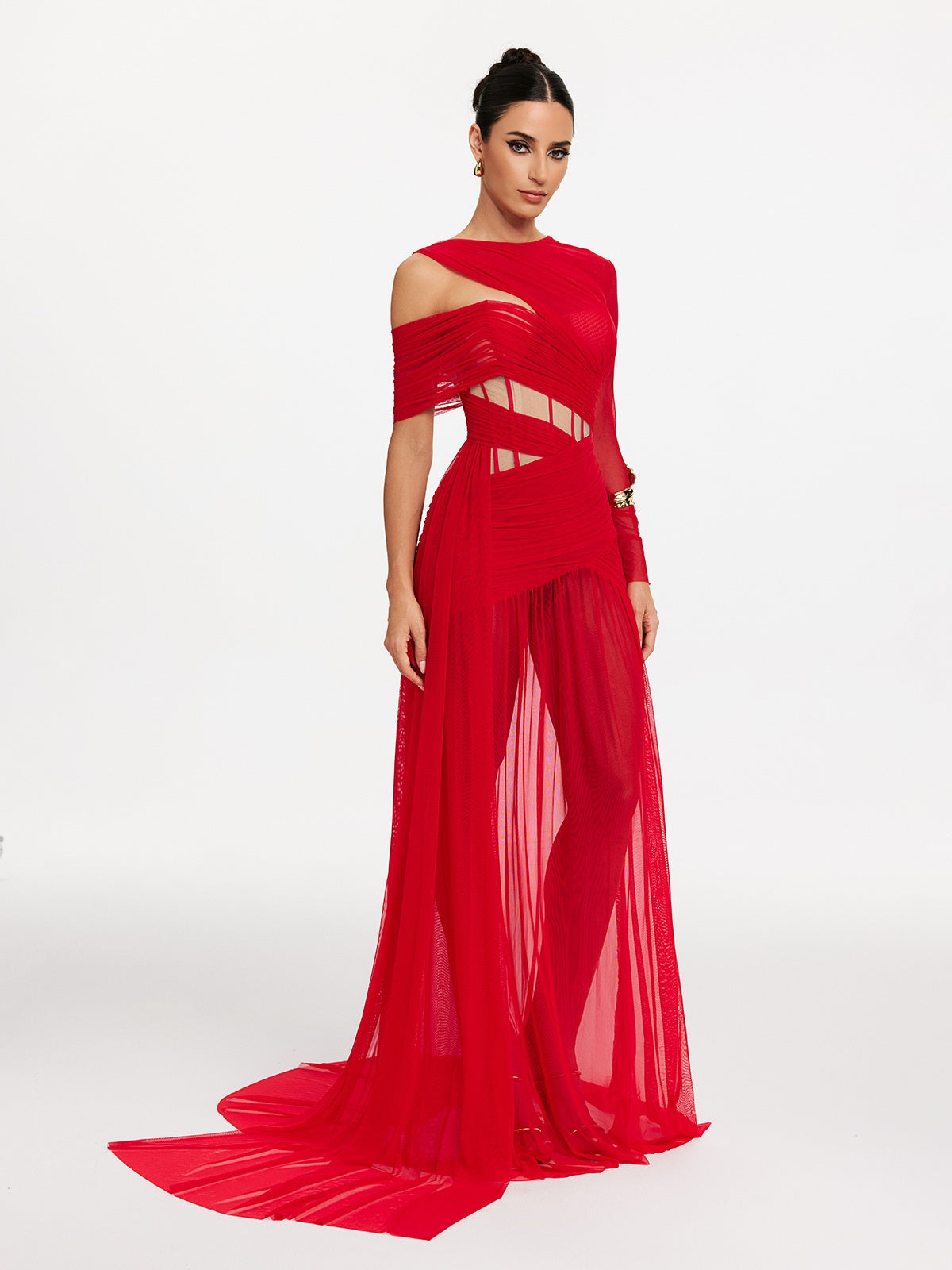 Malati Corset Cutout Mesh Maxi Dress In Red