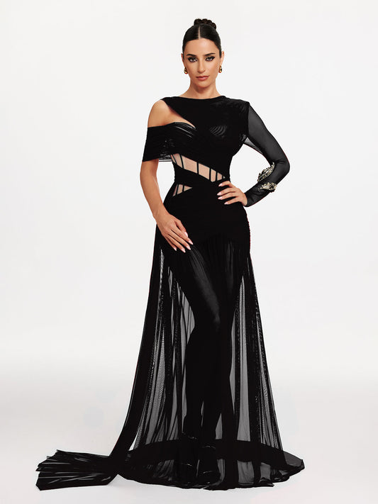 Rosstef Malati Corset Cutout Mesh Maxi Dress